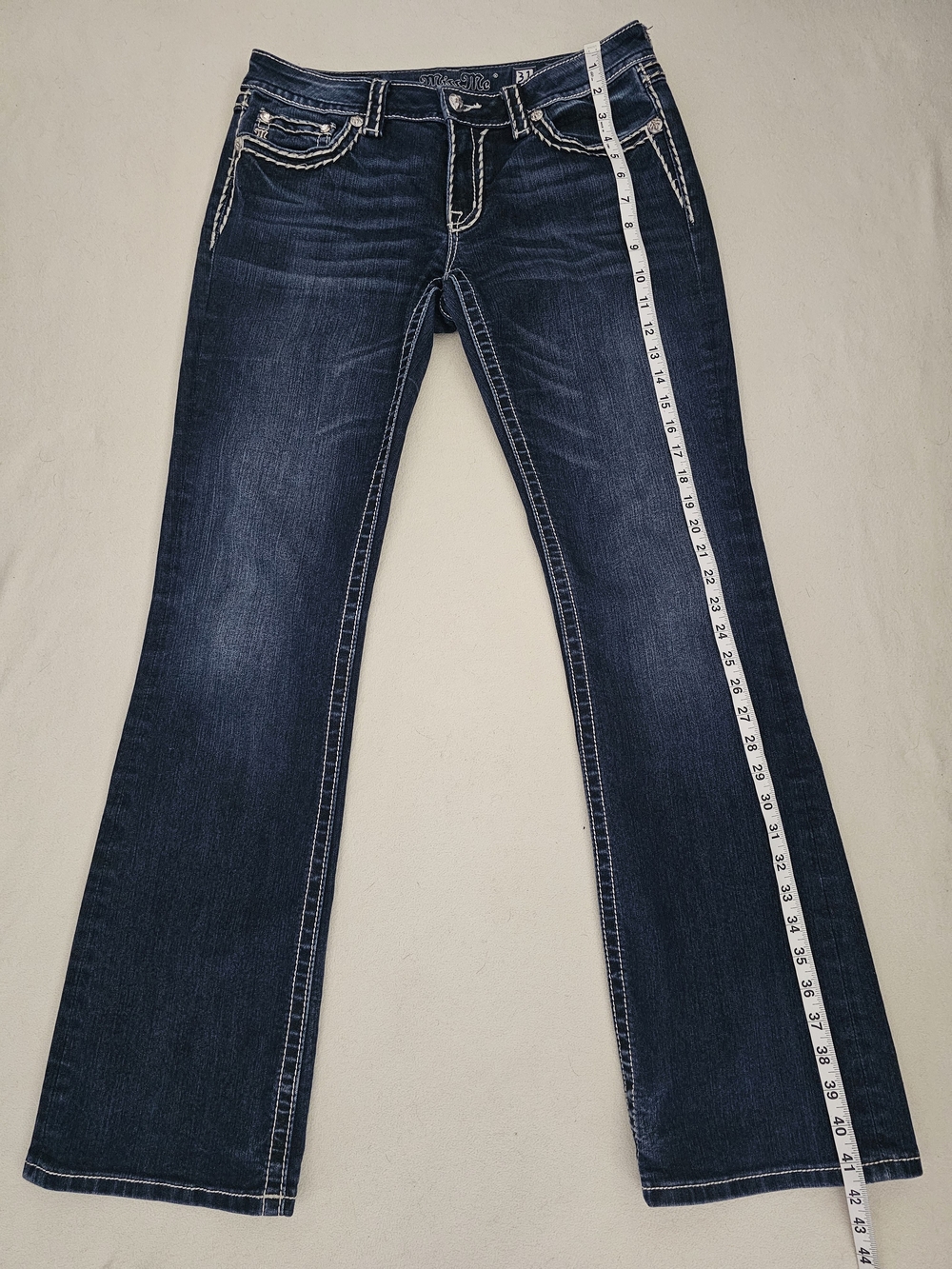 MissMe Wms Loose Saddle Stitch Border Bootcut Low-Rise Stretch Indigo Blue Sz 31 - Picture 7 of 16